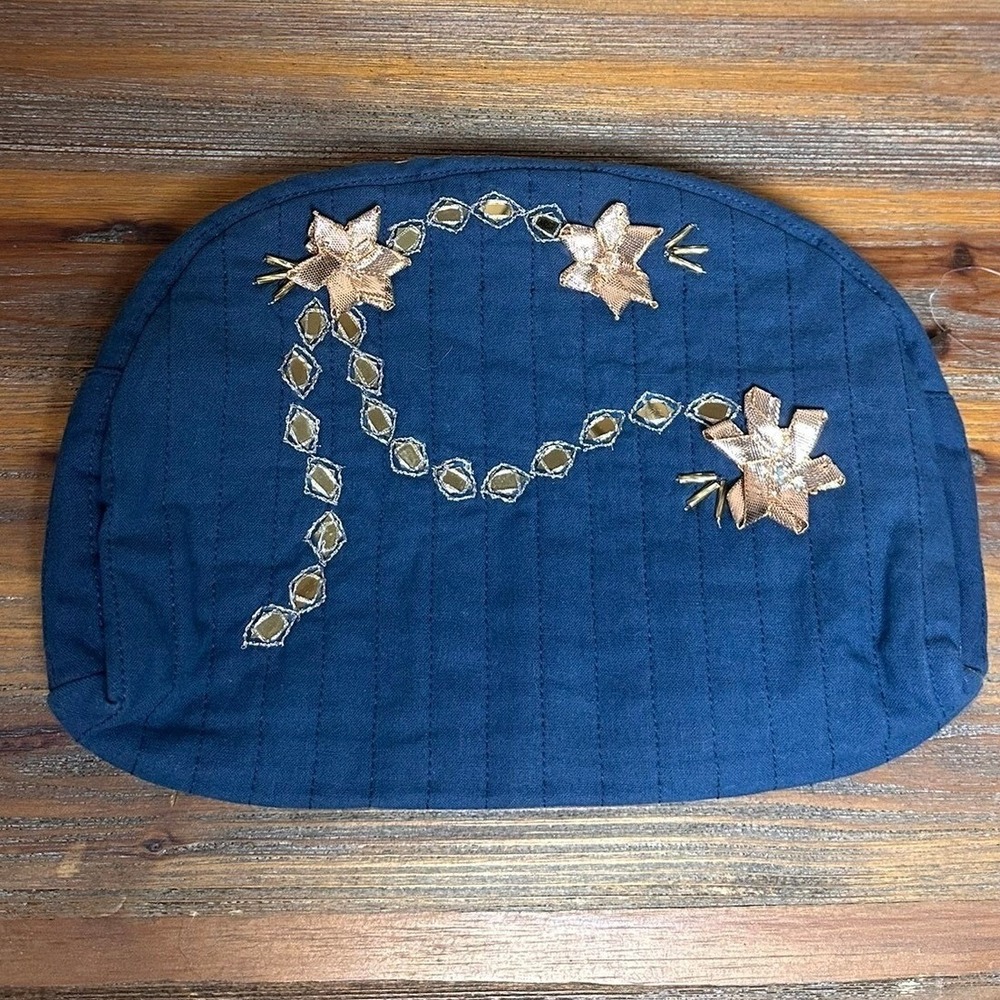 Free People Quilted Navy Blue Cosmetic Bag Makeup Pouch